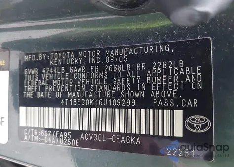 2006 Toyota Camry Xle z USA, uszkodzony, nr VIN 4T1BE30K16U109299